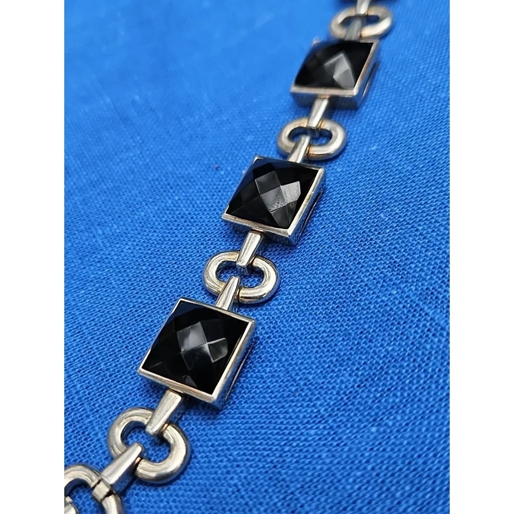 Sterling Black Amethyst Onyx Bracelet Prism Cut 14mm Statement Oval Link 6.5